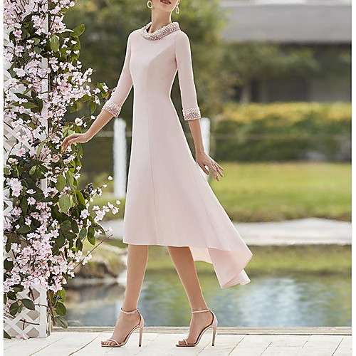 

A-Line Mother of the Bride Dress Elegant Jewel Neck Asymmetrical Knee Length Stretch Chiffon Half Sleeve with Beading 2021