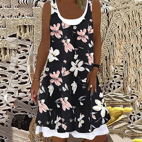 

Women's Strap Dress Knee Length Dress Blue Black Sleeveless Floral Patchwork Print Summer Round Neck Casual 2021 S M L XL XXL 3XL