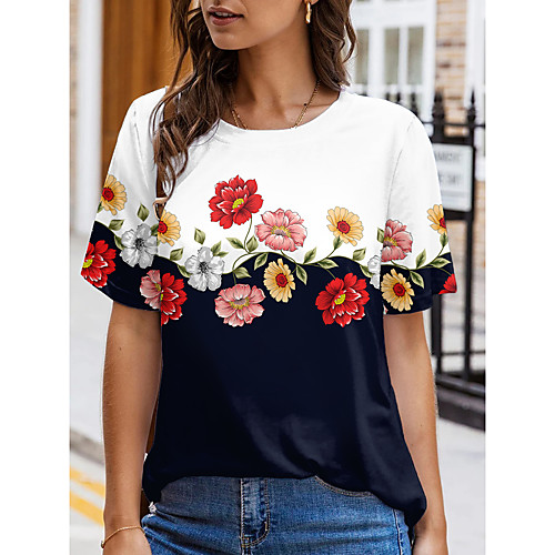 

Women's Floral Theme Painting T shirt Floral Color Block Print Round Neck Basic Tops Black