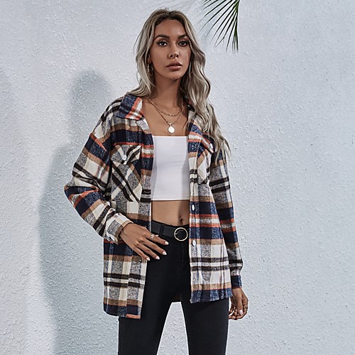 

LITB Basic Women's Khaki Plaid Shirt Long Sleeve Top Pocket Collar Vintage