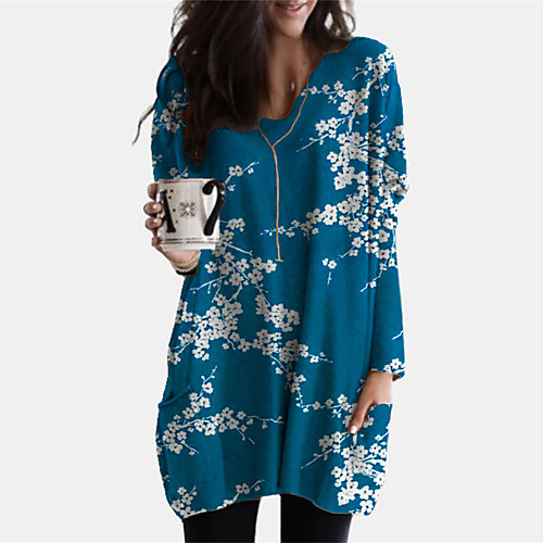 

Women's Shift Dress Short Mini Dress Blue Long Sleeve Floral Pocket Print Fall V Neck Casual 2021 S M L XL XXL 3XL