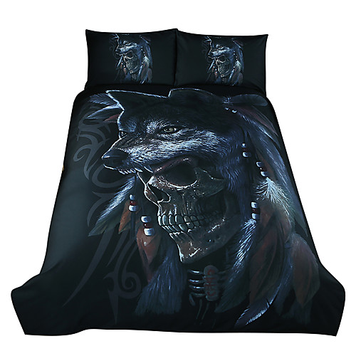 

Skull Pattern Duvet Cover Set Queen Wolf and Skeleton Bedding Set Horror Themed Decorative Skull Bones Comforter Cover Soft Microfiber Feather Quilt Cover 3 Pieces
