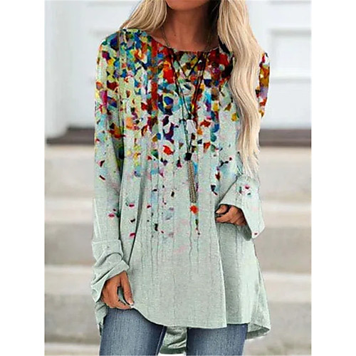 

Women's T shirt Geometric Long Sleeve Round Neck Basic Tops Gray