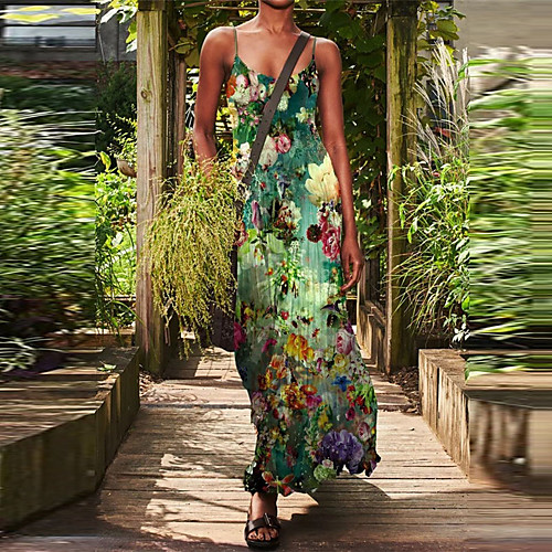 

Women's Strap Dress Maxi long Dress Green Dark Green Light Green Sleeveless Floral Print Summer Halter Neck Casual Boho 2021 S M L XL