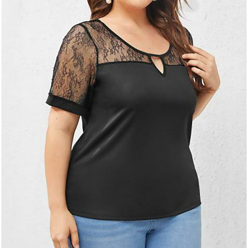 

Women's Plus Size Tops Blouse T shirt Plain Patchwork Short Sleeve Crewneck Basic Black Big Size XL XXL 3XL 4XL