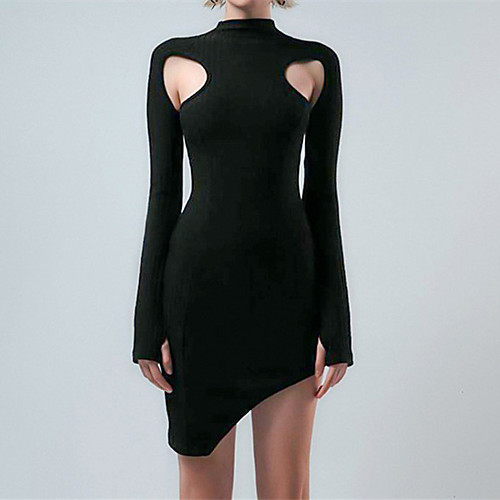 

Women's Sheath Dress Short Mini Dress Black Brown Long Sleeve Solid Color Hollow Out Hole Spring Summer High Neck Sexy 2021 S M L XL XXL XXXL