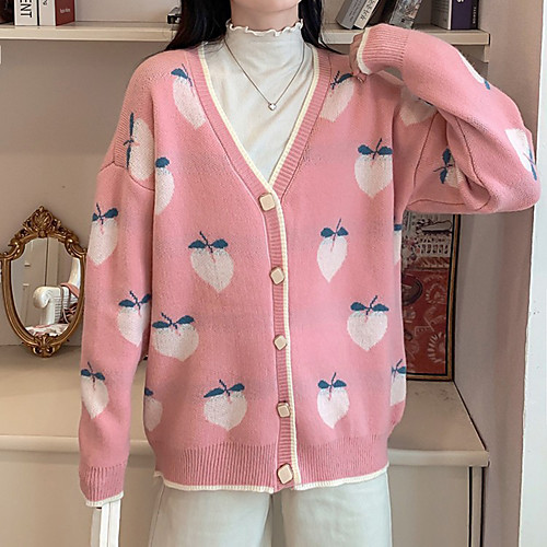 

Women's Stylish Knitted Fruit Cardigan Sweater Long Sleeve Sweater Cardigans V Neck Fall Spring Blushing Pink Beige