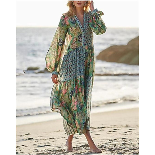 

Women's Sundress Midi Dress Green Long Sleeve Floral Color Block Print Summer V Neck Casual Holiday Beach 2021 M L XL XXL