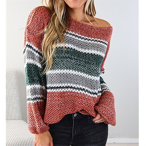

Women's Casual Classic Style Stripes Pullover Sweater Long Sleeve Sweater Cardigans Wide collar Fall Spring White gray khaki Dark Gray