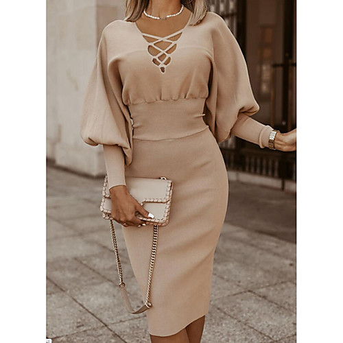 

Women's Sheath Dress Knee Length Dress khaki Long Sleeve Solid Color Hollow Out Spring Summer V Neck Elegant Casual Sexy 2021 S M L XL XXL XXXL / Work