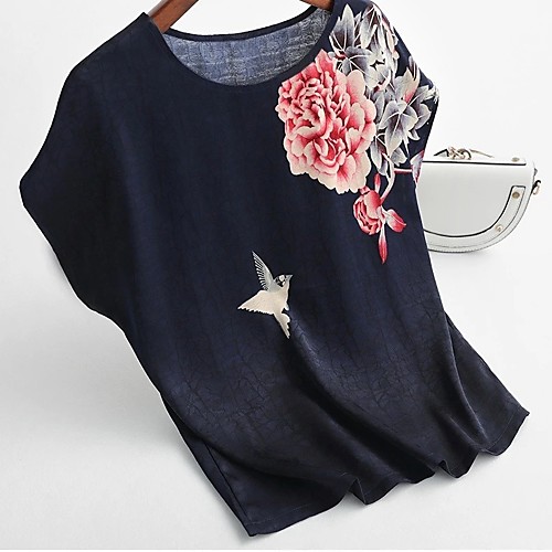 

Women's Plus Size Tops Blouse Flower Short Sleeve Round Neck Ethnic Casual Spring Summer Green Royal Blue Red Big Size L code M code XL code 3XL code 2XL code