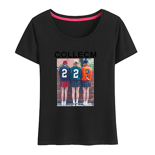 

Women's Painting T shirt Text Portrait Print Round Neck Basic Tops Cotton Blushing Pink White Black