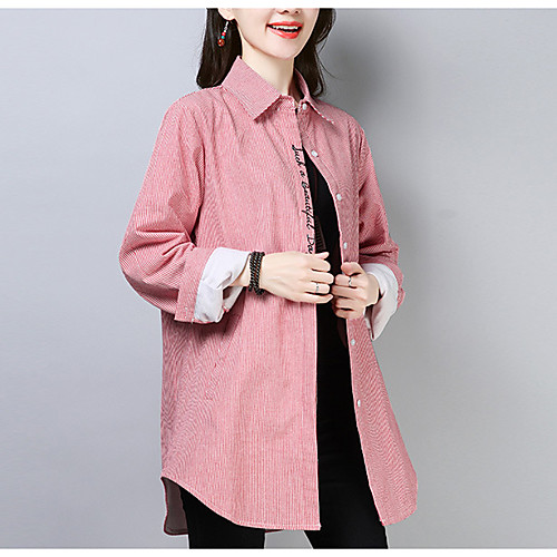 

Women's Coat Casual / Daily All Seasons Long Coat Shirt Collar Regular Fit Casual Jacket Stripes Others Blue Gray / Cotton