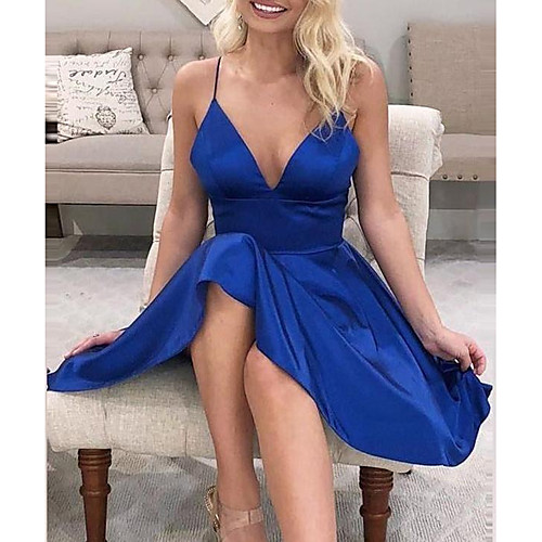 

A-Line Empire Sexy Engagement Cocktail Party Dress V Neck Spaghetti Strap Sleeveless Asymmetrical Short / Mini Charmeuse with Sleek 2021