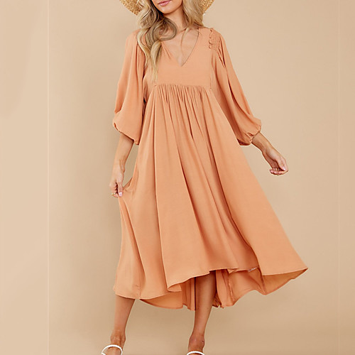 

Women's Swing Dress Midi Dress Blue Blushing Pink Dusty Rose Green Orange Brown Long Sleeve Solid Color Summer V Neck Work Casual 2021 S M L XL XXL