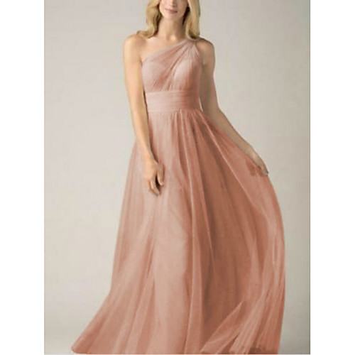 

A-Line Empire Minimalist Prom Formal Evening Dress One Shoulder Sleeveless Floor Length Tulle with Pleats 2021