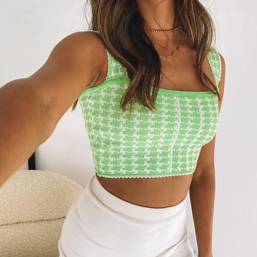 

Women's Stylish Knitted Houndstooth Vest Sweater Sleeveless Sweater Cardigans Strap Summer Blue Green White