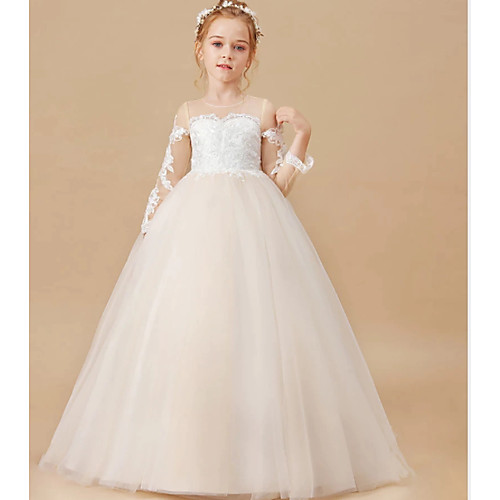 

Princess Floor Length Flower Girl Dresses Party Chiffon Long Sleeve Jewel Neck with Solid