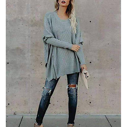 

Women's Casual Solid Color Pullover Sweater Long Sleeve Sweater Cardigans Round Neck Creamy-white Blue Light Grey