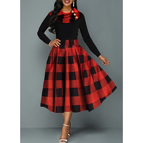 

Women's Swing Dress Midi Dress Red Long Sleeve Check Button Spring Summer Round Neck Elegant 2021 S M L XL 2XL 3XL 4XL 5XL