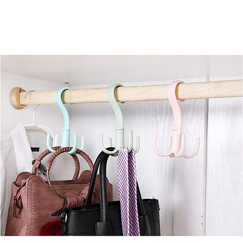 

5pcs Rotating Four-claw Hook Multifunctional Wardrobe Bag Hook Nail-free Plastic Tie Hook Storage Hanging Pink