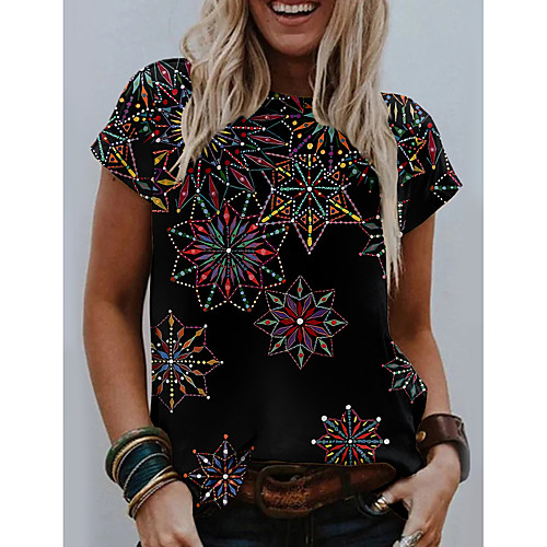 

Women's Painting T shirt Graphic Print Round Neck Basic Tops Black
