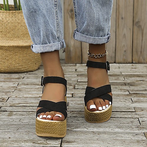 

Women's Sandals Wedge Heel Round Toe PU Solid Colored Army Green Khaki Black
