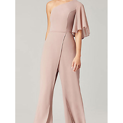

Jumpsuits Minimalist Elegant Wedding Guest Formal Evening Dress One Shoulder Short Sleeve Floor Length Chiffon with Ruched 2021