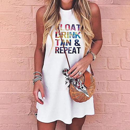 

Women's Strap Dress Short Mini Dress White Sleeveless Letter Print Summer Turtleneck Casual 2021 S M L XL