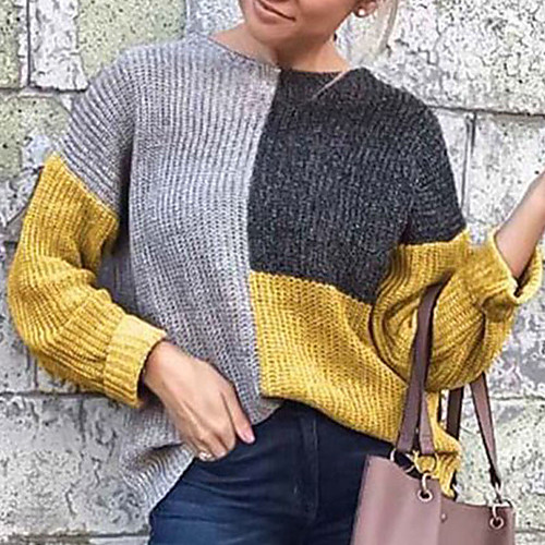 

Women's Stylish Knitted Color Block Pullover Sweater Long Sleeve Sweater Cardigans Crew Neck Fall Winter Yellow