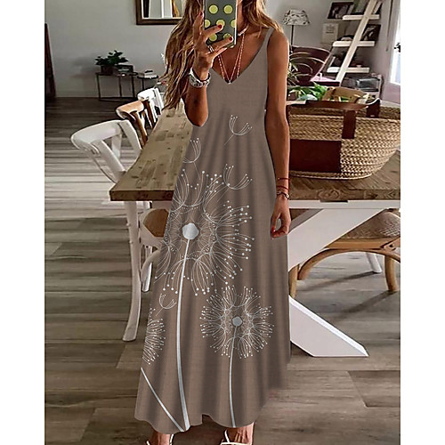

Women's A Line Dress Maxi long Dress Brown Sleeveless Floral Print Print Spring Summer V Neck Casual Holiday 2021 S M L XL XXL 3XL
