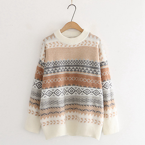 

Women's Stylish Geometric Sweater Long Sleeve Sweater Cardigans Crew Neck Fall Spring Gray Beige