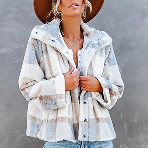 

Women's Coat Daily Fall Winter Short Coat Regular Fit Casual Jacket Long Sleeve Plaid / Check Quilted White / Work