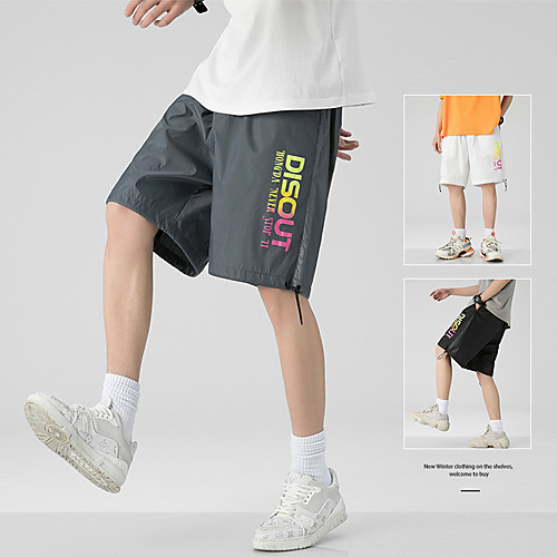 

Men's Chino Outdoor Weekend Shorts Pants Letter Knee Length Leg Drawstring Gray White Black
