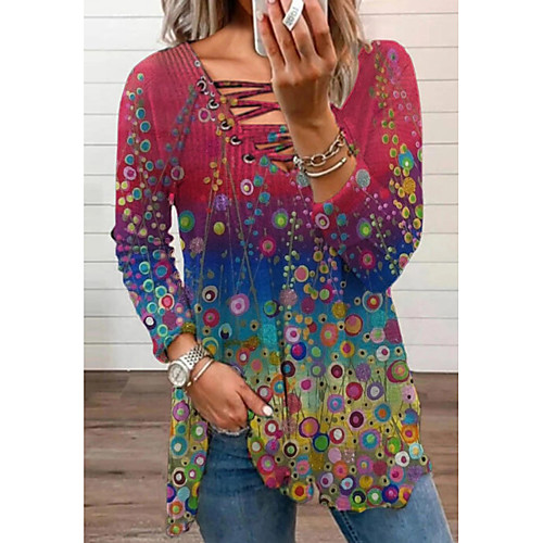 

Women's Blouse Shirt Color Gradient Graphic Long Sleeve Drawstring Print V Neck Basic Streetwear Tops Red