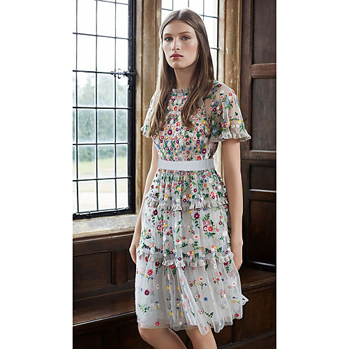 

A-Line Flirty Floral Holiday Homecoming Dress High Neck Short Sleeve Knee Length Lace with Embroidery 2021