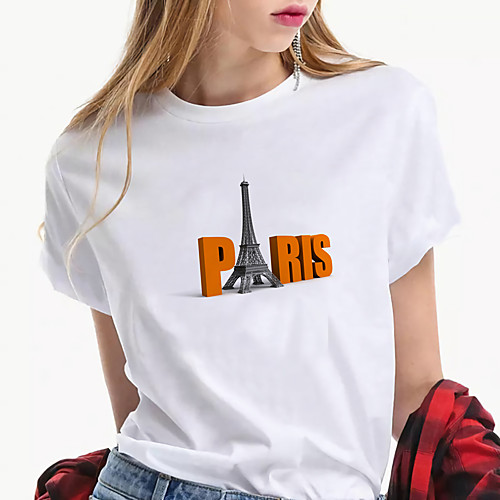 

Women's Painting T shirt Paris La Tour Eiffel Print Round Neck Basic Tops Cotton Orange White