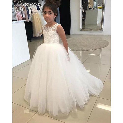 

A-Line Court Train Flower Girl Dresses Wedding Satin Sleeveless Jewel Neck with Appliques