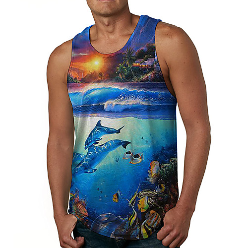 

Men's Tank Top Undershirt Shirt 3D Print Graphic Prints Fish Print Sleeveless Daily Tops Casual Designer Big and Tall Round Neck Blue / Summer