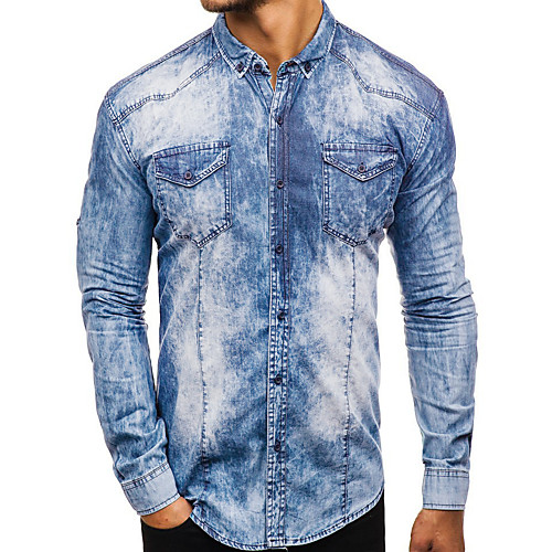 

Men's Shirt Solid Color Long Sleeve Casual Tops Simple Fashion Navy Blue Light Blue