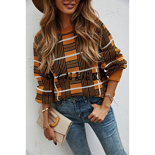 

Women's Plaid / Check Pullover Sweater Long Sleeve Sweater Cardigans Round Neck Yellow
