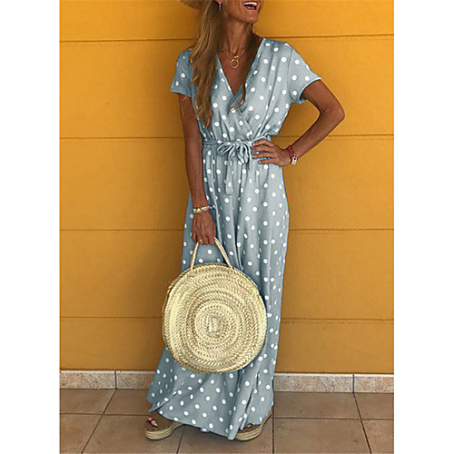 

Women's Wrap Dress Maxi long Dress Blue Yellow Gray Red Short Sleeve Polka Dot Fall Spring V Neck Elegant 2021 S M L XL XXL XXXL