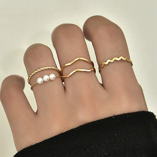 

5pcs Ring Set Classic Gold Imitation Pearl Alloy Wave Vintage European Trendy 1 set One Size