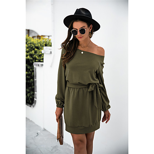 

Women's A Line Dress Short Mini Dress ArmyGreen khaki Black Long Sleeve Solid Color Modern Style Fall Spring Off Shoulder Casual 2021 S M L XL