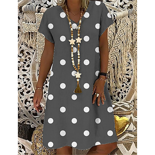 

Women's T Shirt Dress Tee Dress Knee Length Dress Gray Short Sleeve Polka Dot Print Summer V Neck Casual 2021 S M L XL XXL 3XL