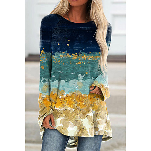 

Women's Abstract Painting T shirt Graphic Color Block Long Sleeve Print Round Neck Basic Tops Blue