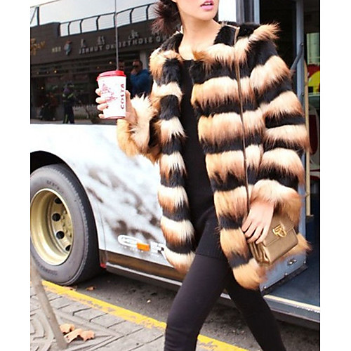 

Women's Faux Fur Coat Daily Wear Fall Winter Regular Coat V Neck Regular Fit Casual Jacket Stripes Stripe Yellow