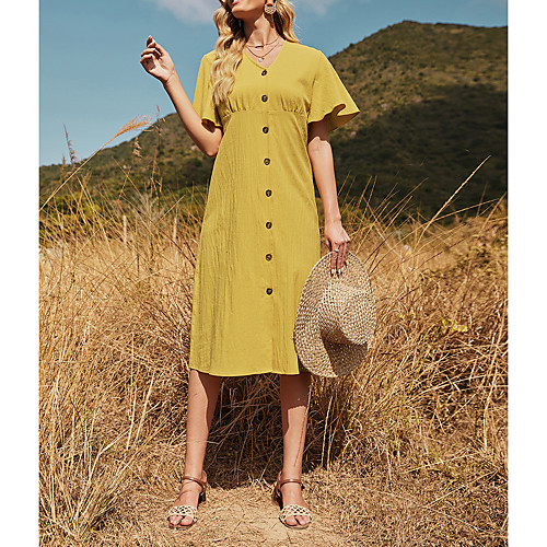 

Women's A Line Dress Midi Dress Yellow Half Sleeve Solid Color Spring Summer V Neck Sweet Style Active 2021 S M L XL / Cotton / Cotton