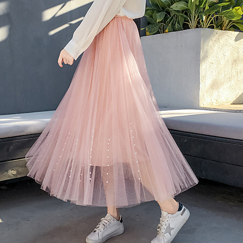 

Women's Casual / Daily Weekend Basic Streetwear Ankle-Length Skirts Solid Colored Beaded Layered Tulle Blue Blushing Pink White