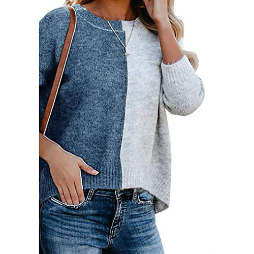 

Women's Basic Casual Patchwork Multi Color Pullover Long Sleeve Sweater Cardigans Round Neck Blue Gray Green